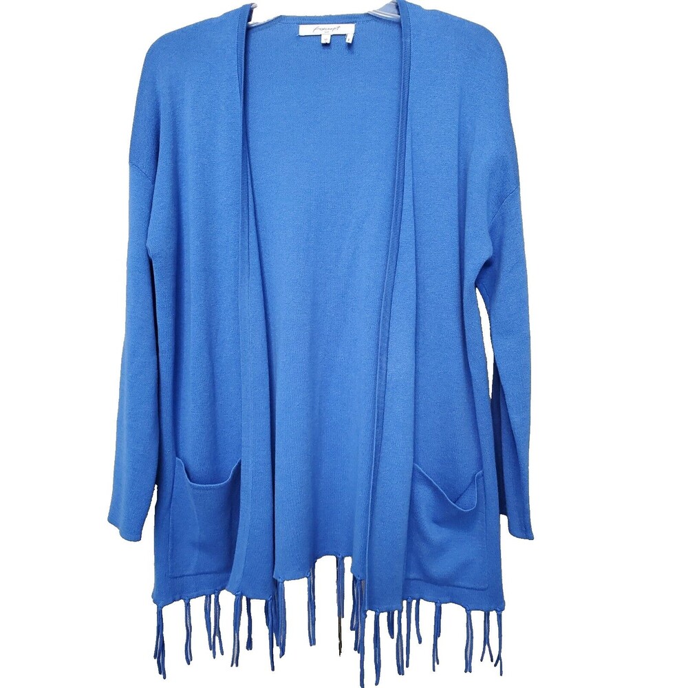 Foxcroft Cotton/Modal Blue Open Front Cardigan w/Fringe Size Medium